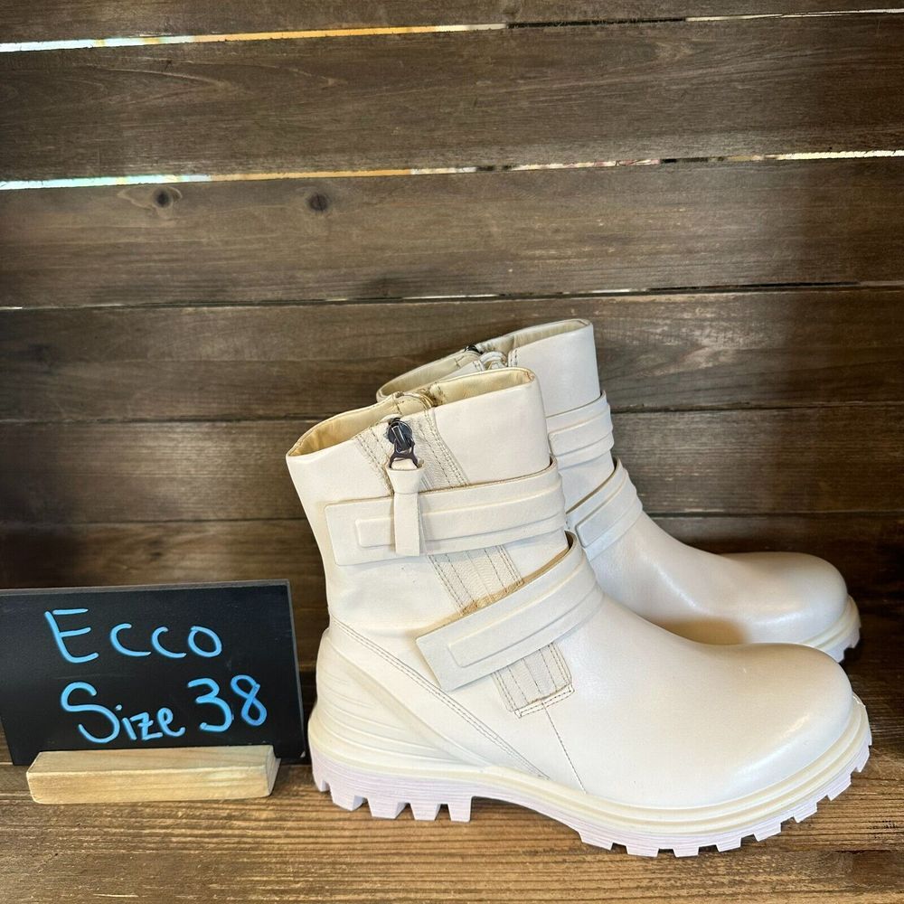New Womens Ecco Tredtray Moto Lug Ivory Leather Ankle Boots Size‎ 38 US 7-7.5 M